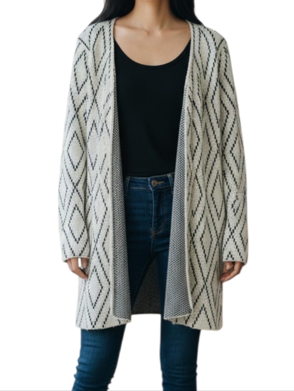 Oliver Cream Diamond Pattern Long Open Front Cardigan Sweater